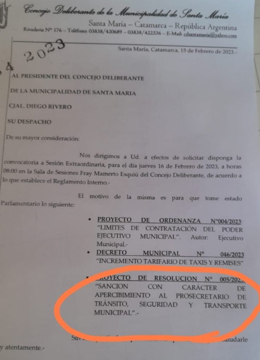 Nota de pedido de Sesión Extraordinaria